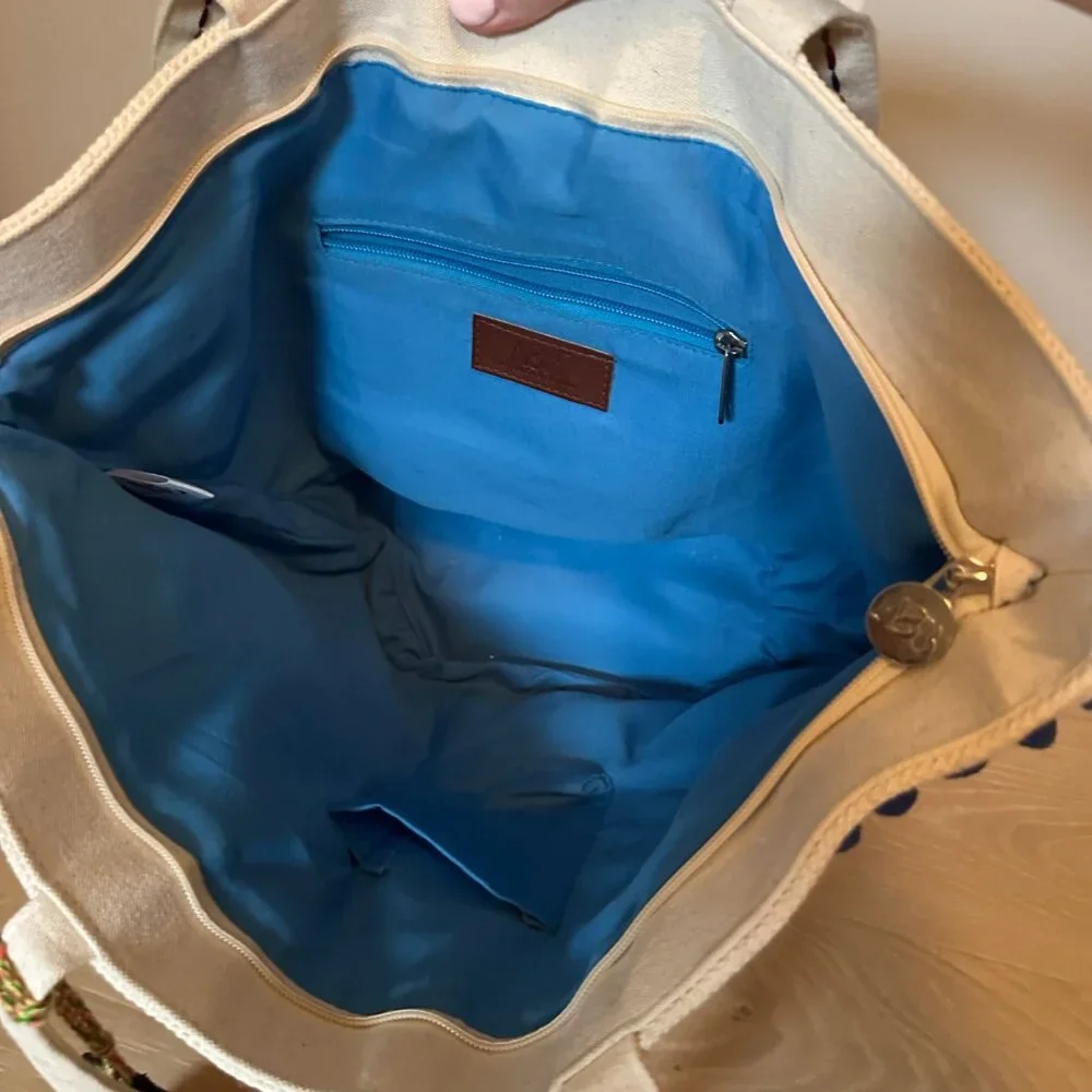 America & Beyond Canvas Tote Bag Pom Poms Bucket Style Purse Beach Boho - Picture 5 of 7